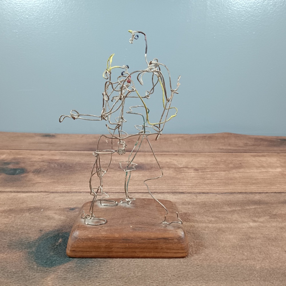 Handcrafted Wire Figurine Sculpture Human Form on Wooden Base Art Decor
